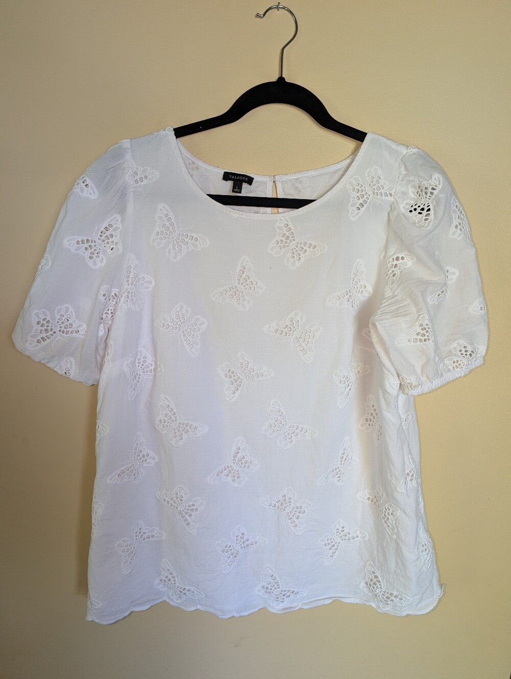 Talbots White Butterfly Eyelet Puff-Sleeve Blouse